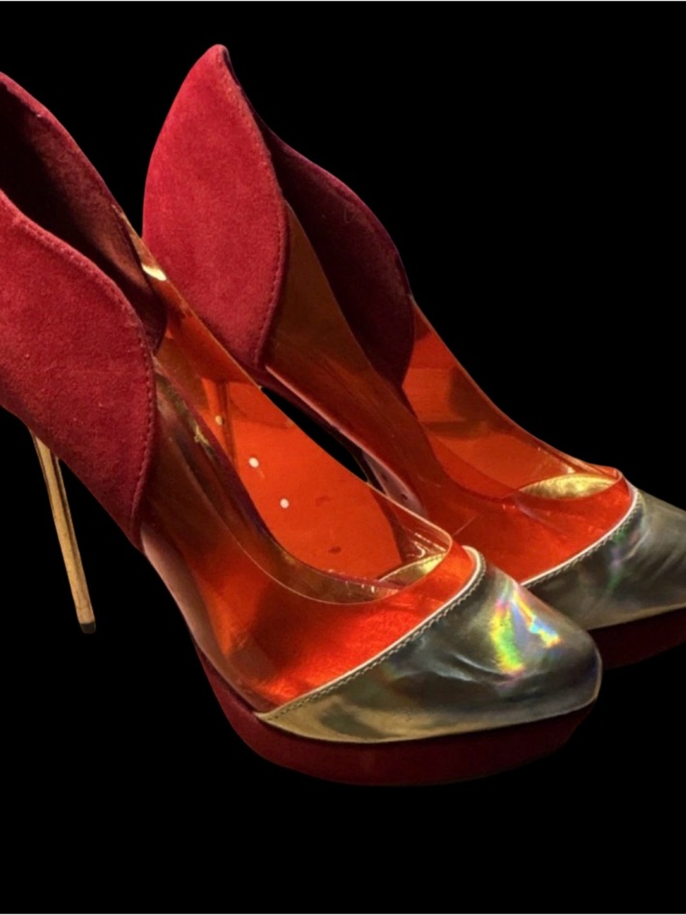 Wild Rose Red Suede & Iridescent Metallic Platform Stilettos